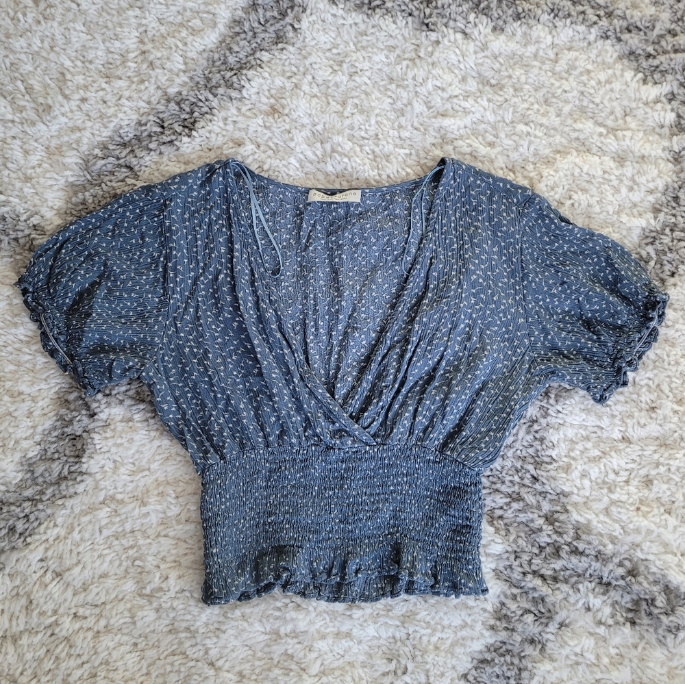 Blue Blouse with White Flowers | Size Small | Paper Crane